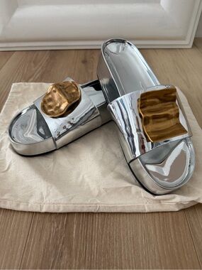 Tory Burch Patos Mismatched Metallic Silver Slide with Bronze/Gold Accent